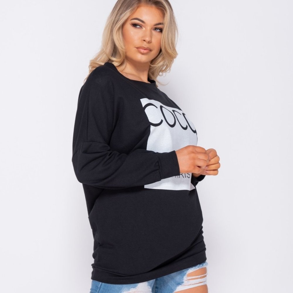 Black Coco Paris Print Long Sleeve Oversized Sweatshirt - Picture 3 of 8